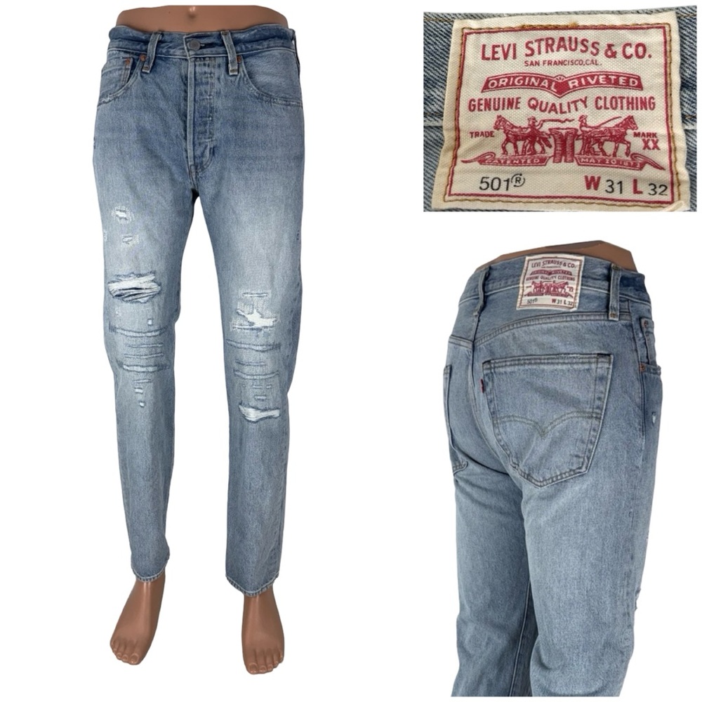 Levis Premium 501 Big E Jeans Light Wash 31 X 32 Skater Punk Grunge Distressed